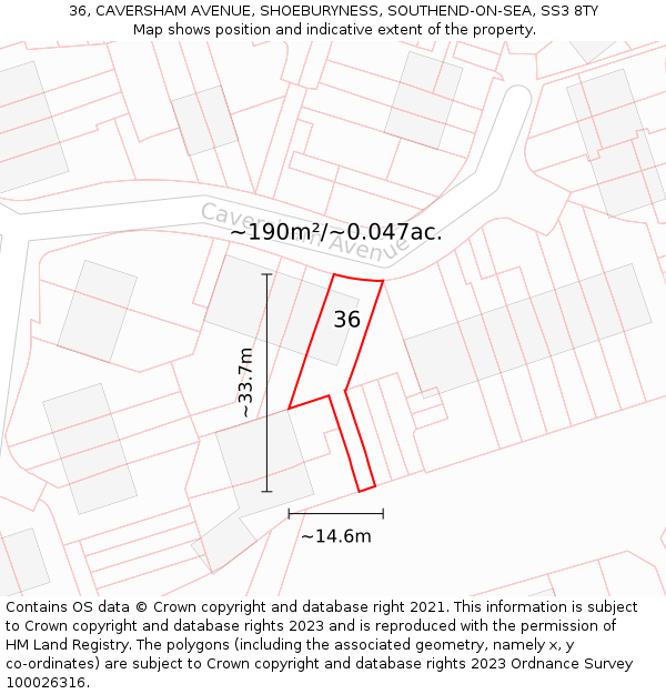 36, CAVERSHAM AVENUE, SHOEBURYNESS, SOUTHEND-ON-SEA, SS3 8TY: Plot and title map