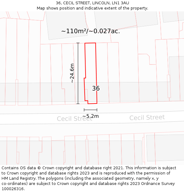 36, CECIL STREET, LINCOLN, LN1 3AU: Plot and title map