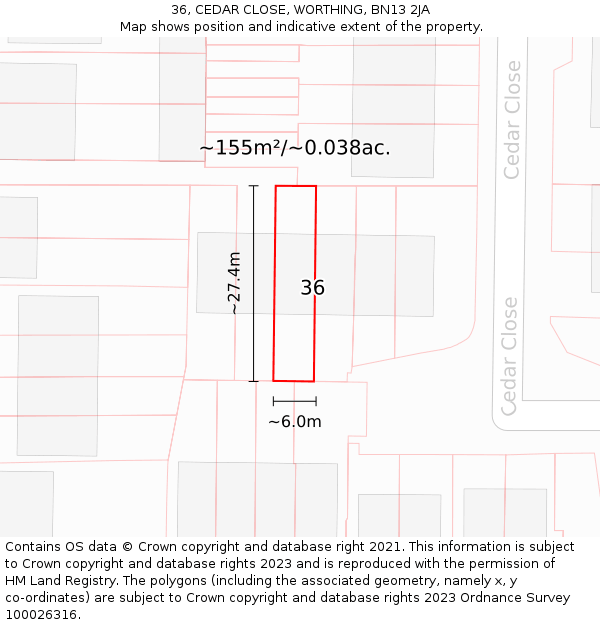 36, CEDAR CLOSE, WORTHING, BN13 2JA: Plot and title map
