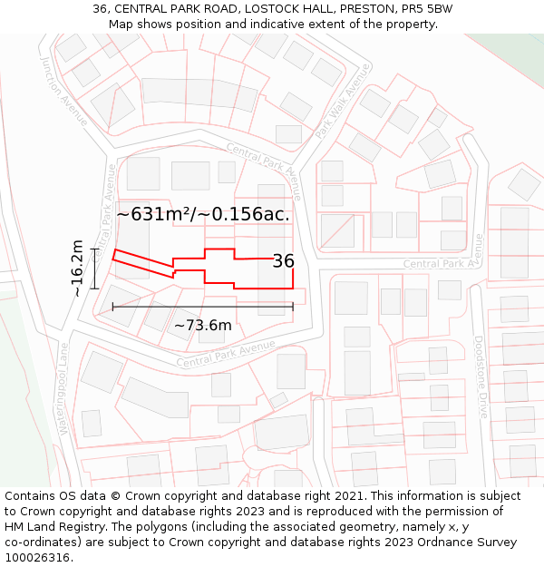 36, CENTRAL PARK ROAD, LOSTOCK HALL, PRESTON, PR5 5BW: Plot and title map