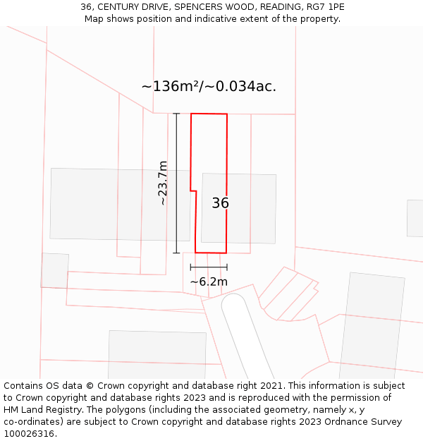 36, CENTURY DRIVE, SPENCERS WOOD, READING, RG7 1PE: Plot and title map