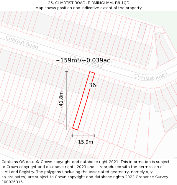 36, CHARTIST ROAD, BIRMINGHAM, B8 1QD: Plot and title map