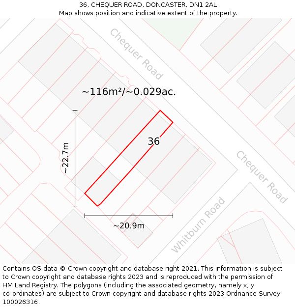 36, CHEQUER ROAD, DONCASTER, DN1 2AL: Plot and title map
