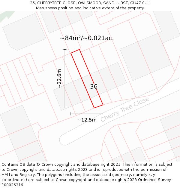 36, CHERRYTREE CLOSE, OWLSMOOR, SANDHURST, GU47 0UH: Plot and title map