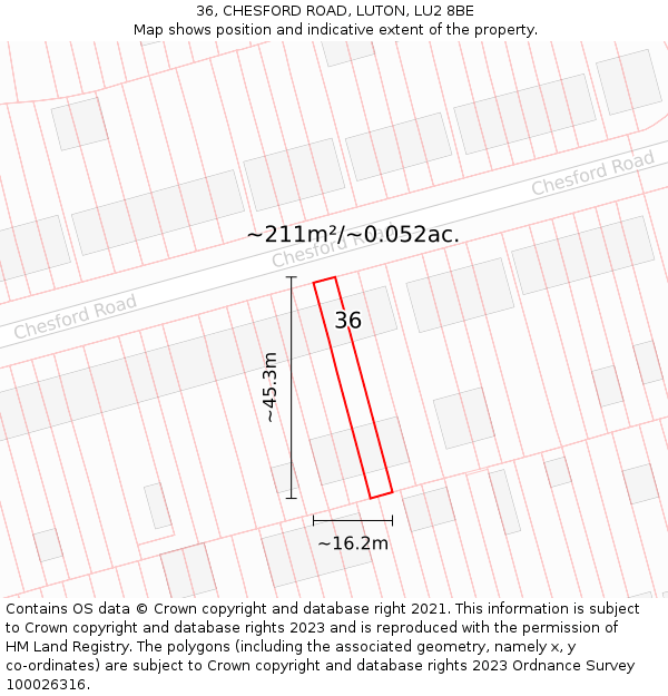 36, CHESFORD ROAD, LUTON, LU2 8BE: Plot and title map