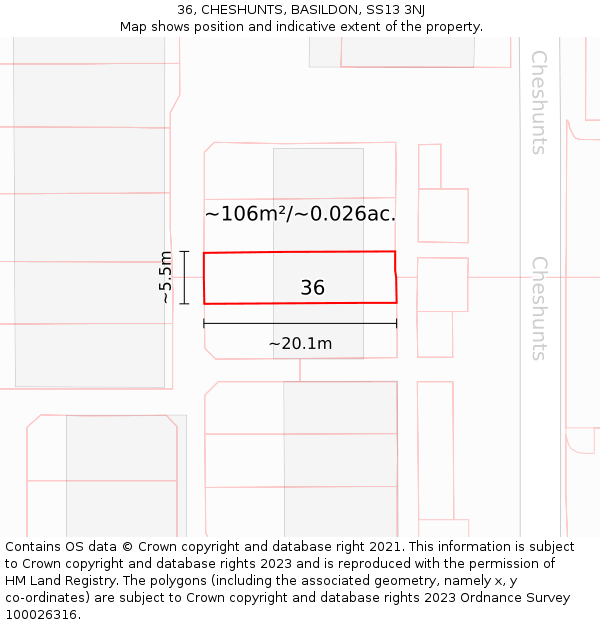 36, CHESHUNTS, BASILDON, SS13 3NJ: Plot and title map