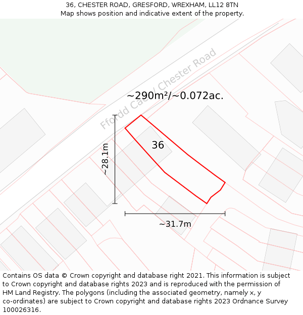 36, CHESTER ROAD, GRESFORD, WREXHAM, LL12 8TN: Plot and title map