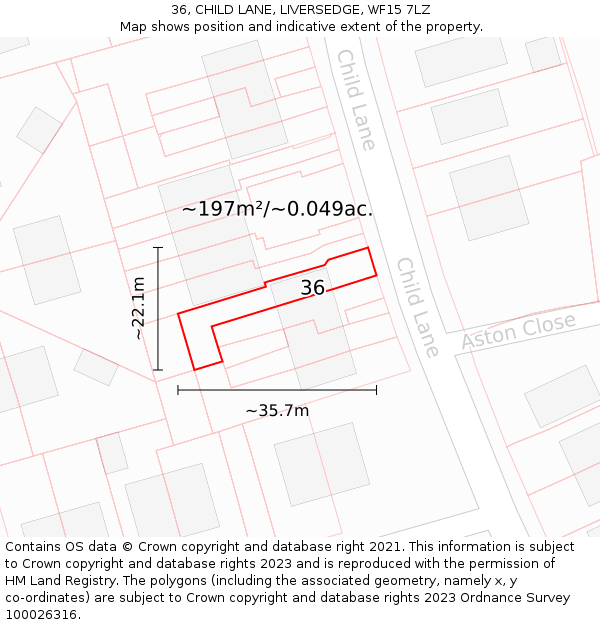 36, CHILD LANE, LIVERSEDGE, WF15 7LZ: Plot and title map