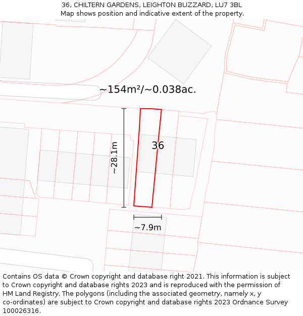 36, CHILTERN GARDENS, LEIGHTON BUZZARD, LU7 3BL: Plot and title map