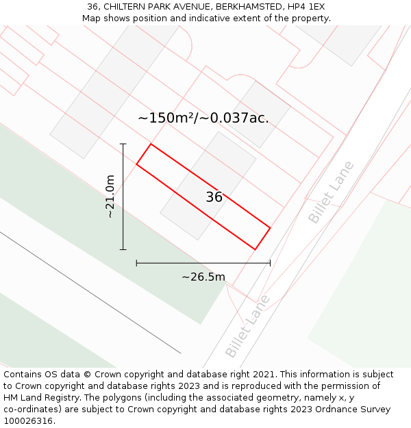 36, CHILTERN PARK AVENUE, BERKHAMSTED, HP4 1EX: Plot and title map