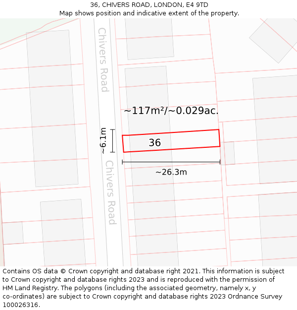 36, CHIVERS ROAD, LONDON, E4 9TD: Plot and title map