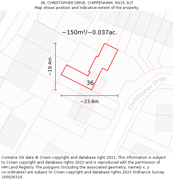 36, CHRISTOPHER DRIVE, CHIPPENHAM, SN15 3UT: Plot and title map