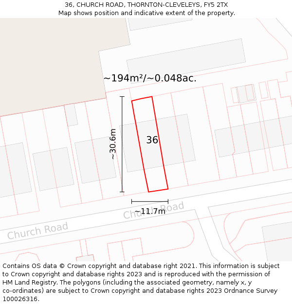 36, CHURCH ROAD, THORNTON-CLEVELEYS, FY5 2TX: Plot and title map