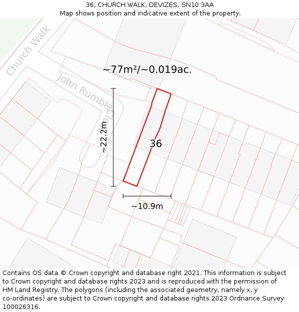 36, CHURCH WALK, DEVIZES, SN10 3AA: Plot and title map