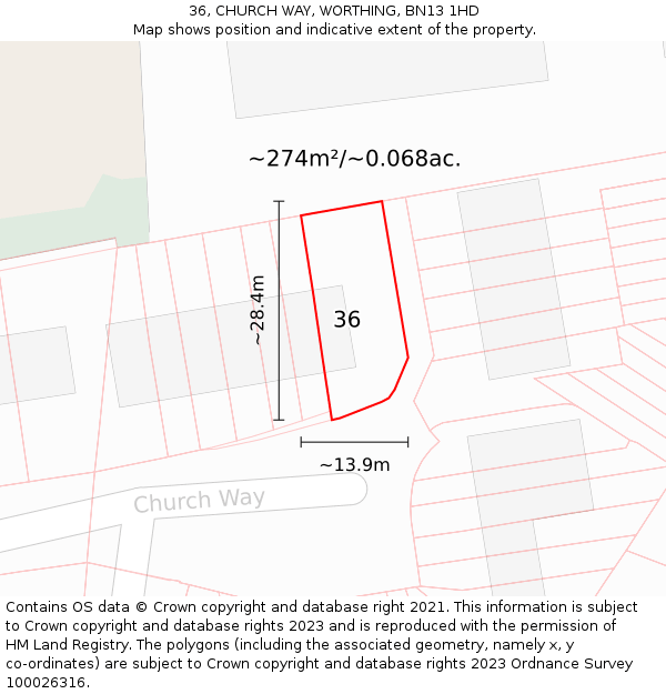 36, CHURCH WAY, WORTHING, BN13 1HD: Plot and title map