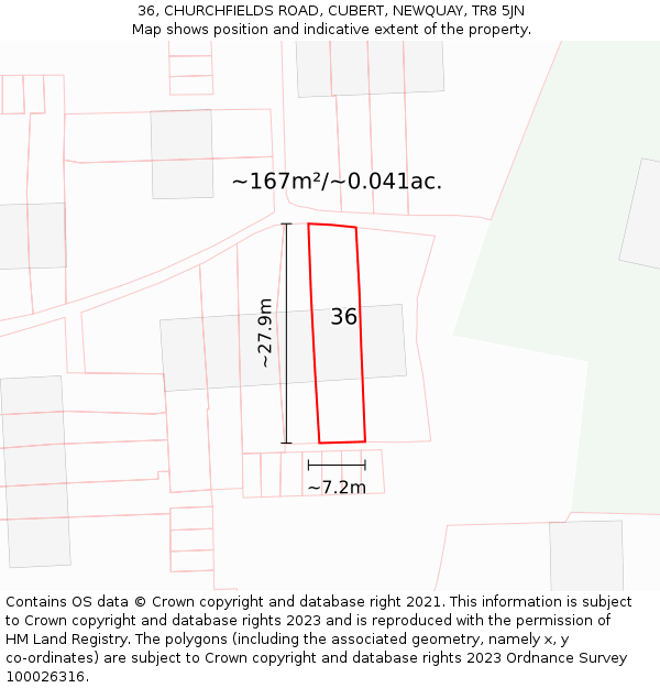 36, CHURCHFIELDS ROAD, CUBERT, NEWQUAY, TR8 5JN: Plot and title map