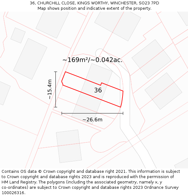 36, CHURCHILL CLOSE, KINGS WORTHY, WINCHESTER, SO23 7PD: Plot and title map