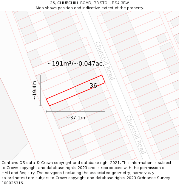 36, CHURCHILL ROAD, BRISTOL, BS4 3RW: Plot and title map