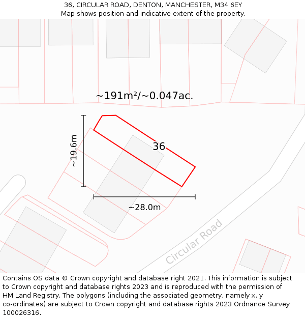 36, CIRCULAR ROAD, DENTON, MANCHESTER, M34 6EY: Plot and title map