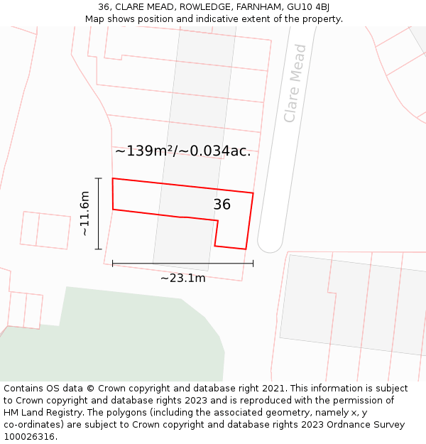 36, CLARE MEAD, ROWLEDGE, FARNHAM, GU10 4BJ: Plot and title map