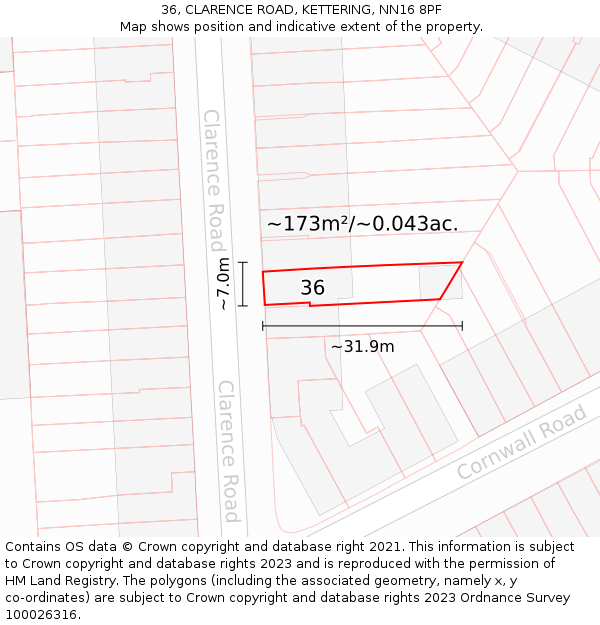 36, CLARENCE ROAD, KETTERING, NN16 8PF: Plot and title map