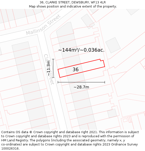 36, CLARKE STREET, DEWSBURY, WF13 4LR: Plot and title map