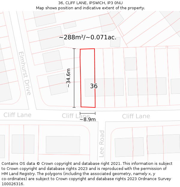 36, CLIFF LANE, IPSWICH, IP3 0NU: Plot and title map
