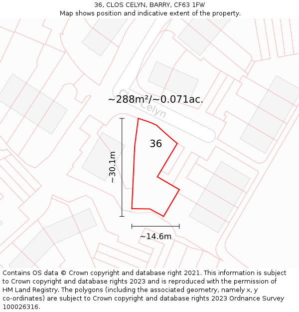 36, CLOS CELYN, BARRY, CF63 1FW: Plot and title map