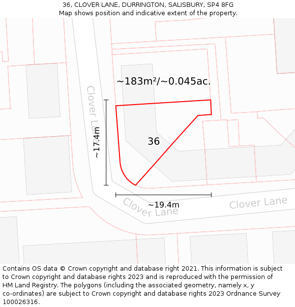 36, CLOVER LANE, DURRINGTON, SALISBURY, SP4 8FG: Plot and title map