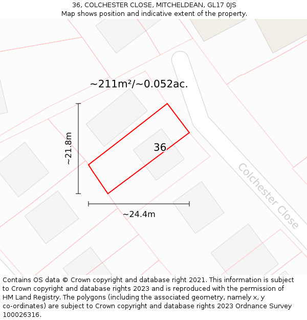 36, COLCHESTER CLOSE, MITCHELDEAN, GL17 0JS: Plot and title map