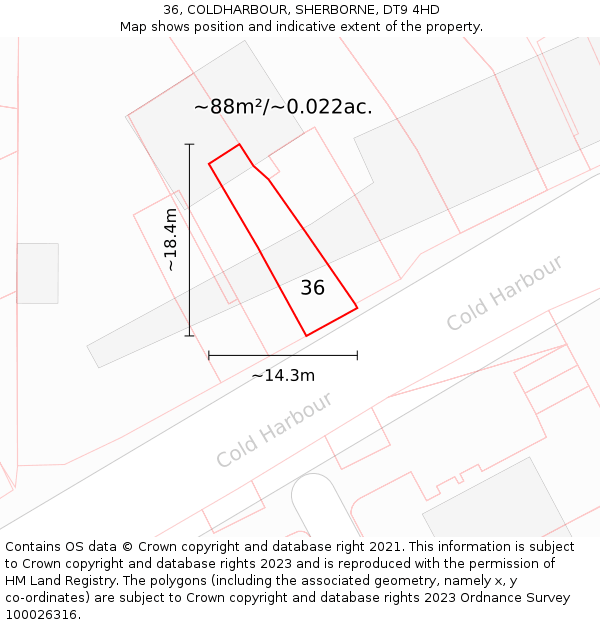 36, COLDHARBOUR, SHERBORNE, DT9 4HD: Plot and title map