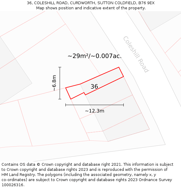 36, COLESHILL ROAD, CURDWORTH, SUTTON COLDFIELD, B76 9EX: Plot and title map