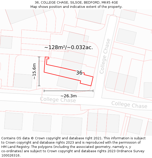 36, COLLEGE CHASE, SILSOE, BEDFORD, MK45 4GE: Plot and title map