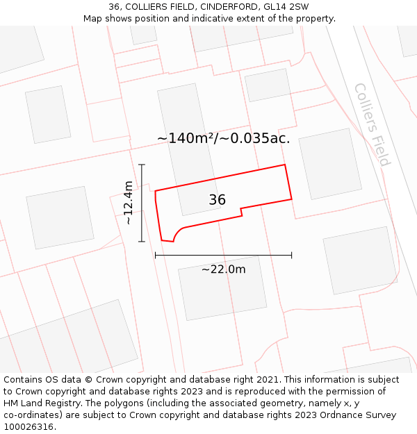 36, COLLIERS FIELD, CINDERFORD, GL14 2SW: Plot and title map
