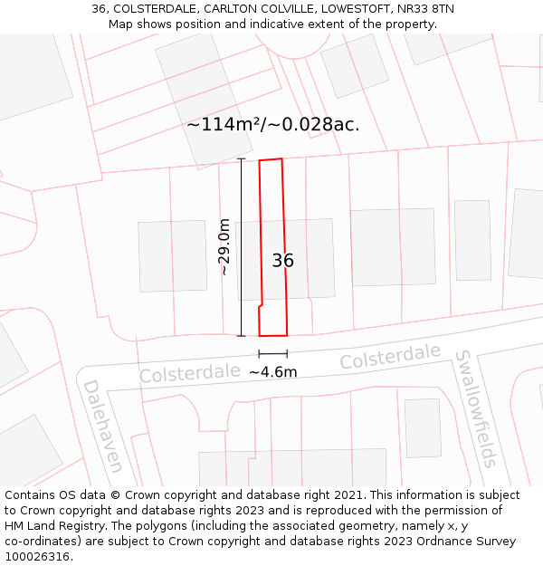 36, COLSTERDALE, CARLTON COLVILLE, LOWESTOFT, NR33 8TN: Plot and title map