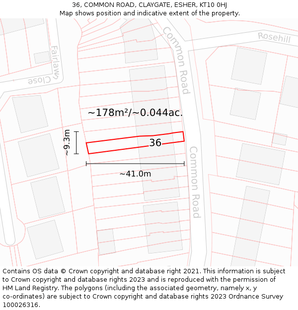 36, COMMON ROAD, CLAYGATE, ESHER, KT10 0HJ: Plot and title map