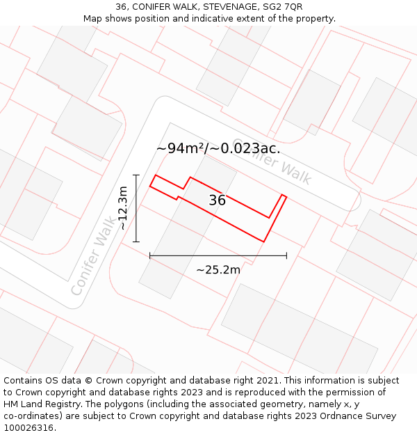 36, CONIFER WALK, STEVENAGE, SG2 7QR: Plot and title map