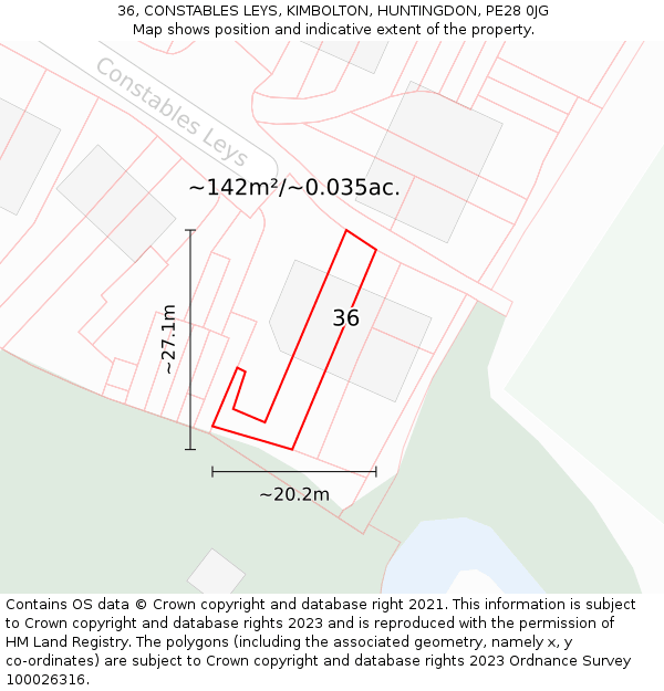 36, CONSTABLES LEYS, KIMBOLTON, HUNTINGDON, PE28 0JG: Plot and title map