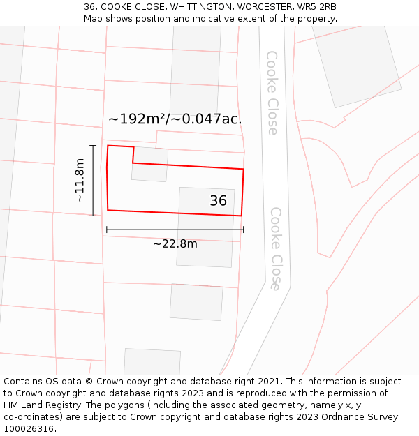 36, COOKE CLOSE, WHITTINGTON, WORCESTER, WR5 2RB: Plot and title map