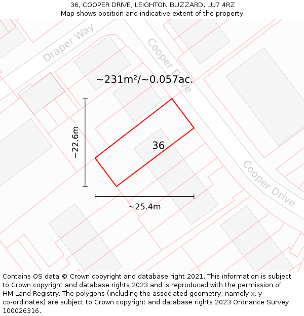 36, COOPER DRIVE, LEIGHTON BUZZARD, LU7 4RZ: Plot and title map