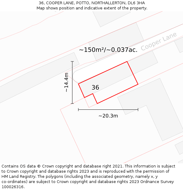 36, COOPER LANE, POTTO, NORTHALLERTON, DL6 3HA: Plot and title map