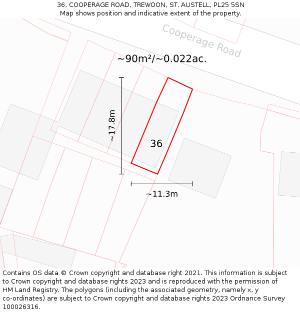 36, COOPERAGE ROAD, TREWOON, ST. AUSTELL, PL25 5SN: Plot and title map