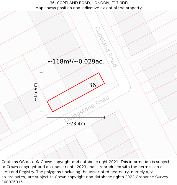 36, COPELAND ROAD, LONDON, E17 9DB: Plot and title map