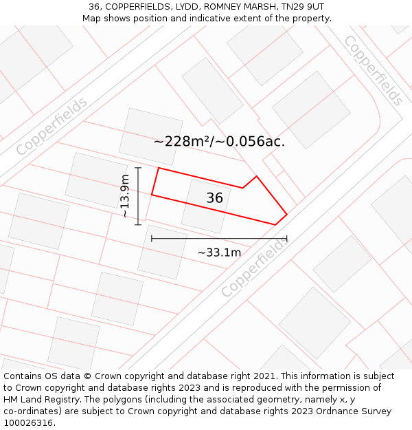 36, COPPERFIELDS, LYDD, ROMNEY MARSH, TN29 9UT: Plot and title map