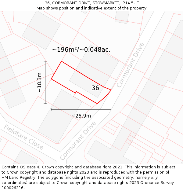 36, CORMORANT DRIVE, STOWMARKET, IP14 5UE: Plot and title map