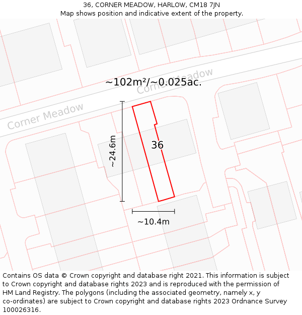 36, CORNER MEADOW, HARLOW, CM18 7JN: Plot and title map
