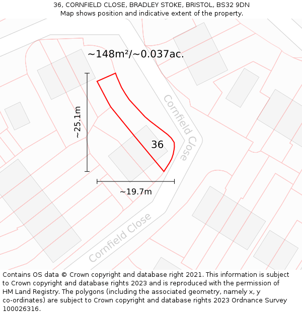 36, CORNFIELD CLOSE, BRADLEY STOKE, BRISTOL, BS32 9DN: Plot and title map