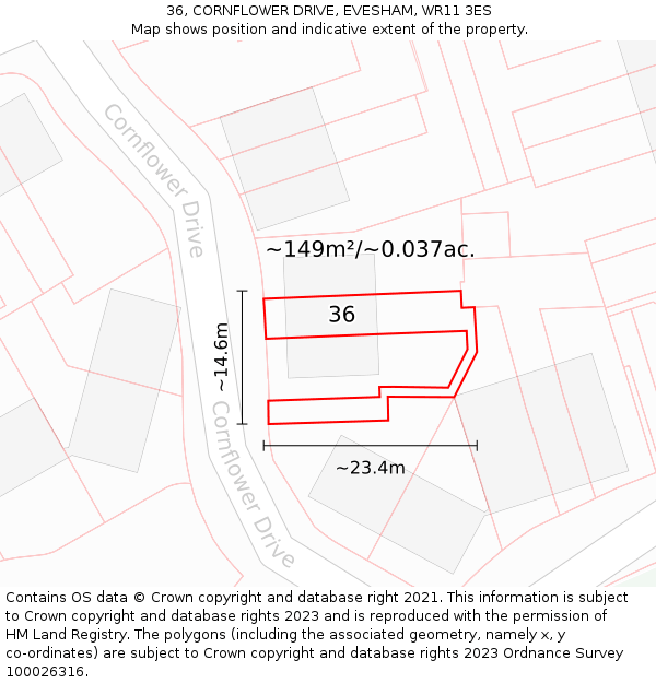 36, CORNFLOWER DRIVE, EVESHAM, WR11 3ES: Plot and title map