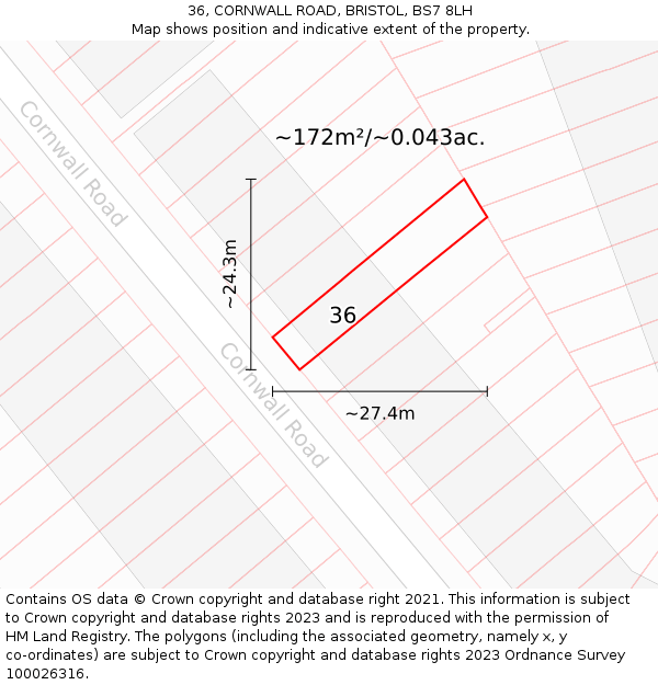 36, CORNWALL ROAD, BRISTOL, BS7 8LH: Plot and title map