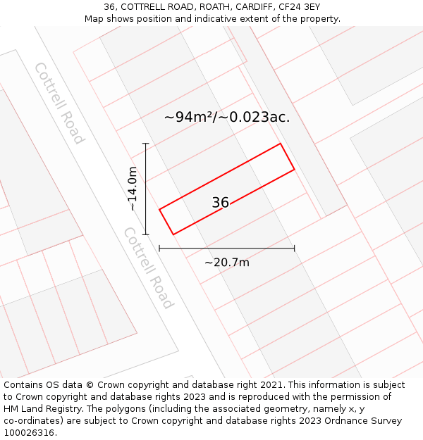 36, COTTRELL ROAD, ROATH, CARDIFF, CF24 3EY: Plot and title map